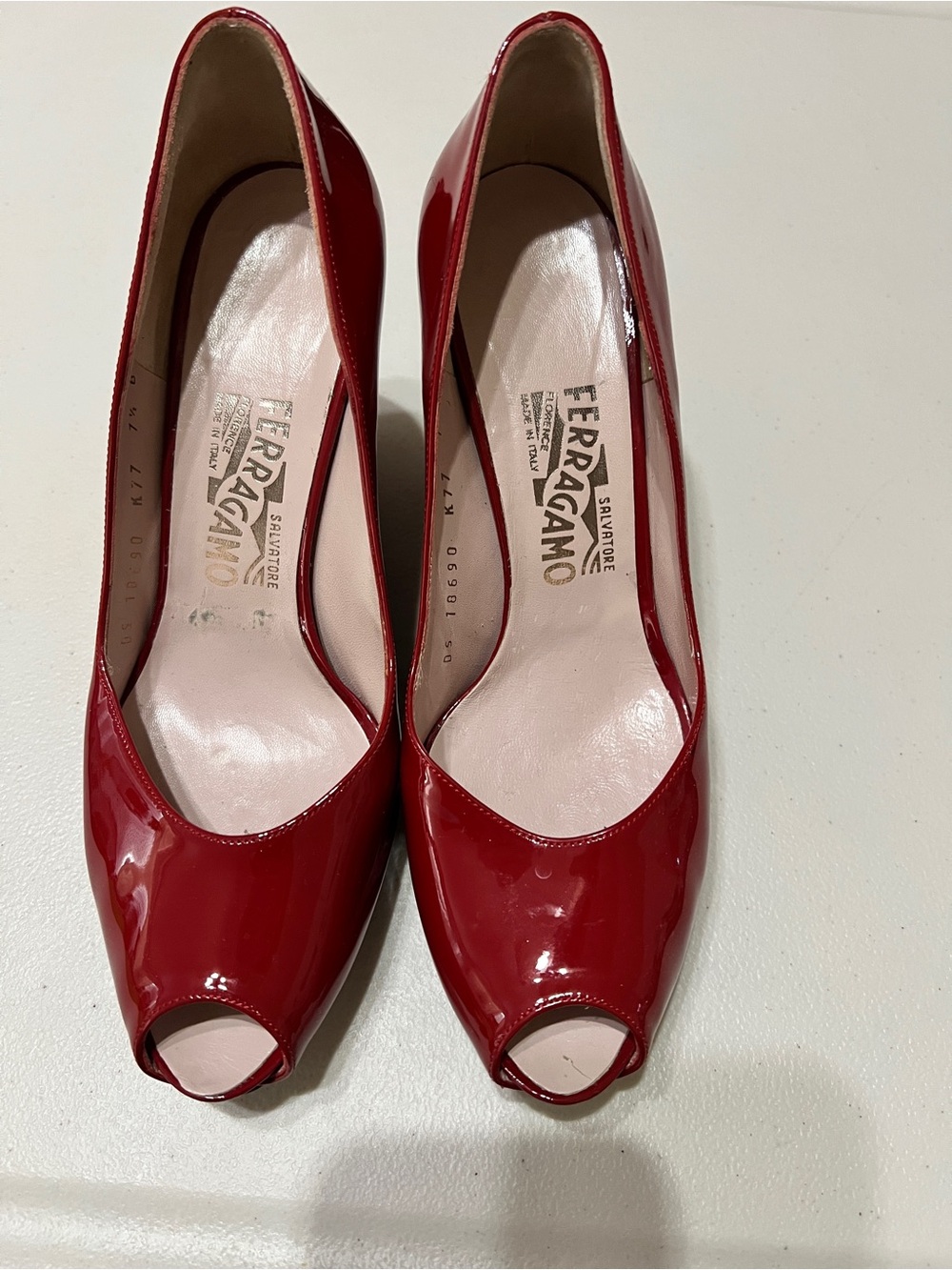 Salvatore Ferragamo Red Patent Leather Peep-Toe Pumps Women’s 7.5